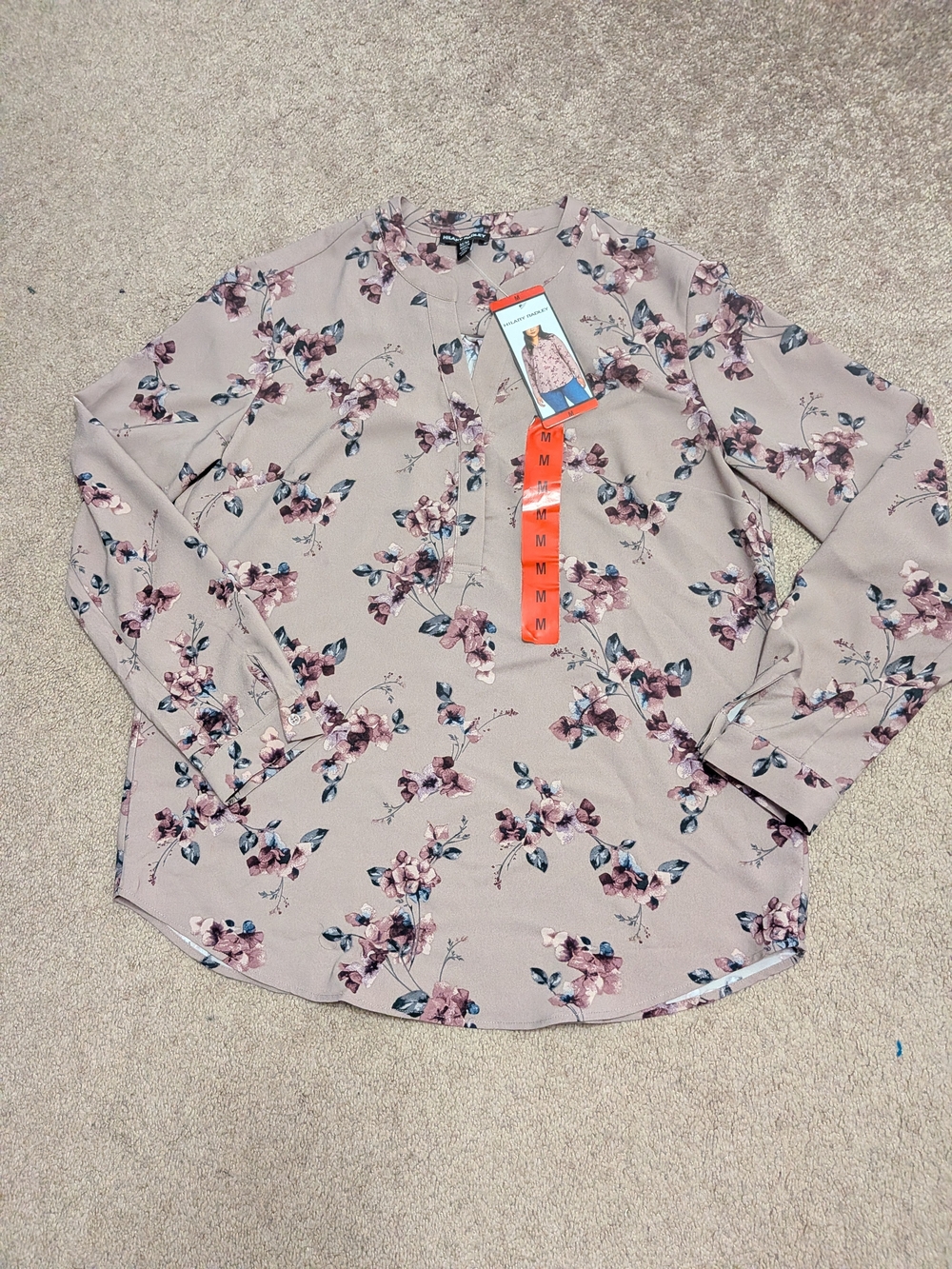 Hilary Radley Blush Floral Split-Neck Blouse